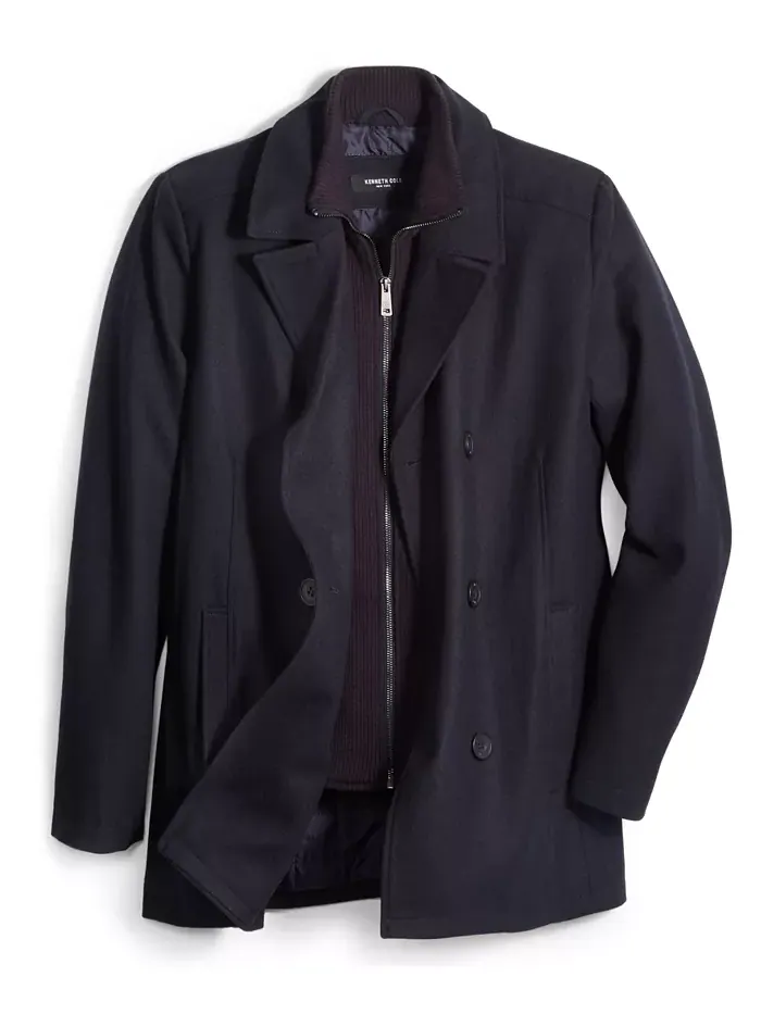 Мужское двубортное пальто из шерстяной смеси Peacoat с нагрудником Kenneth Cole — изображение 3 из 5, темно-синий