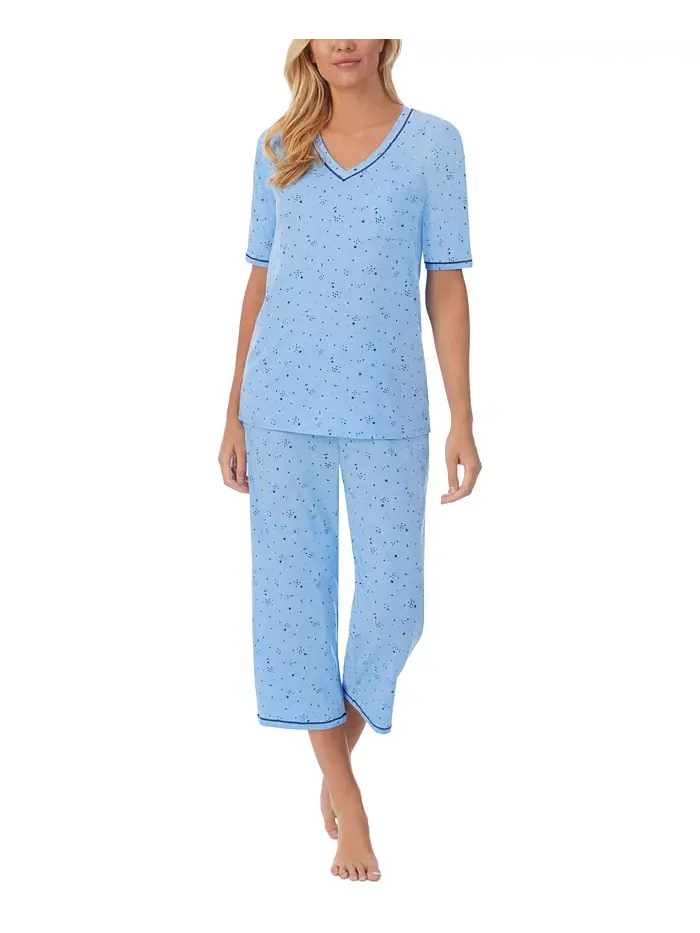Пижамный комплект с принтом: топ с рукавами 3/4 и капри Cuddl Duds — изображение 3 из 5, темно-синий
