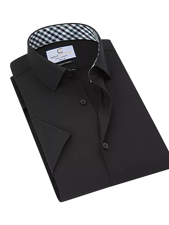 Мужская классическая рубашка с коротким рукавом Slim Fit Performance, однотонная Suslo Couture — черный