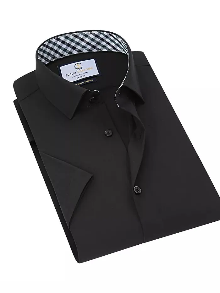 Мужская рубашка Slim Fit Performance с короткими рукавами и однотонным принтом на пуговицах Suslo — изображение 1 из 7