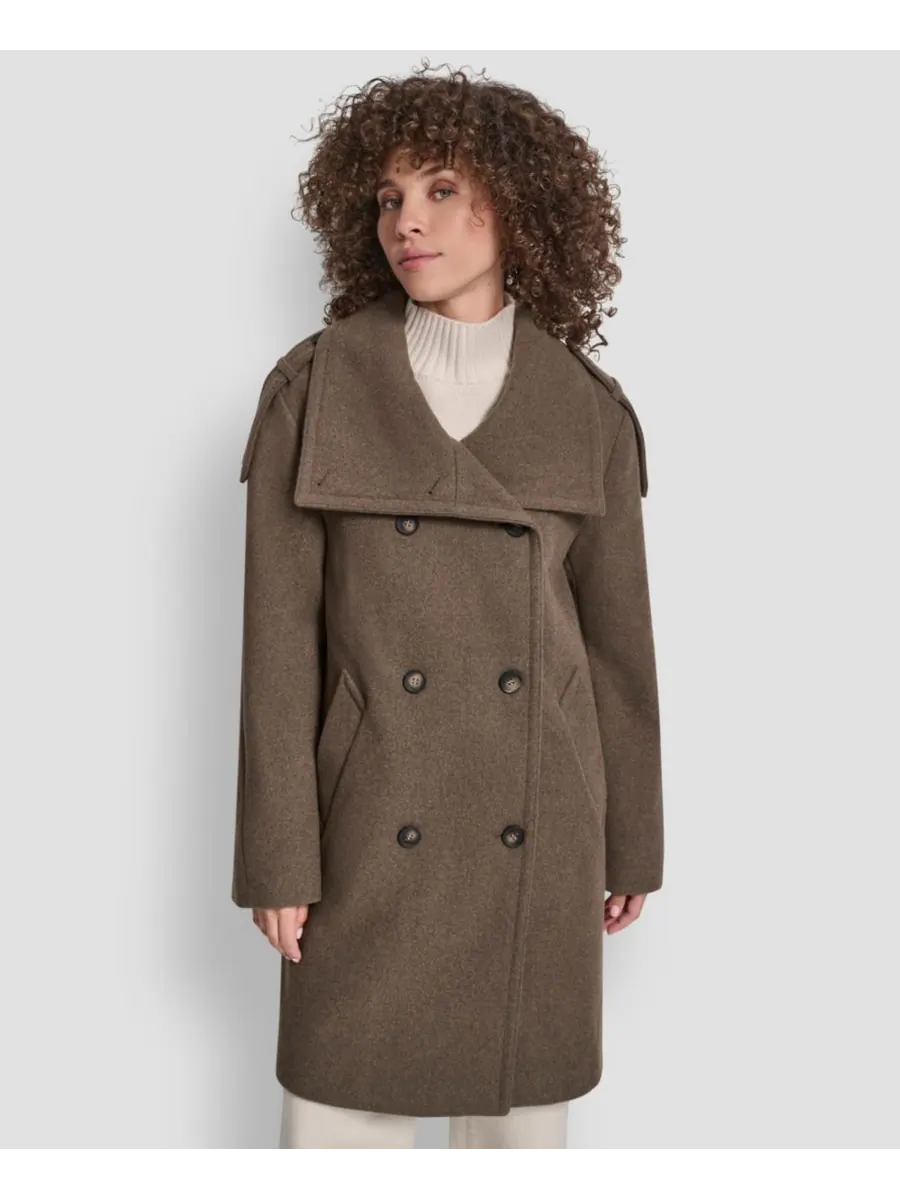 Женское двубортное пальто в стиле милитари с воротником-стойкой DKNY, Taupe Melange