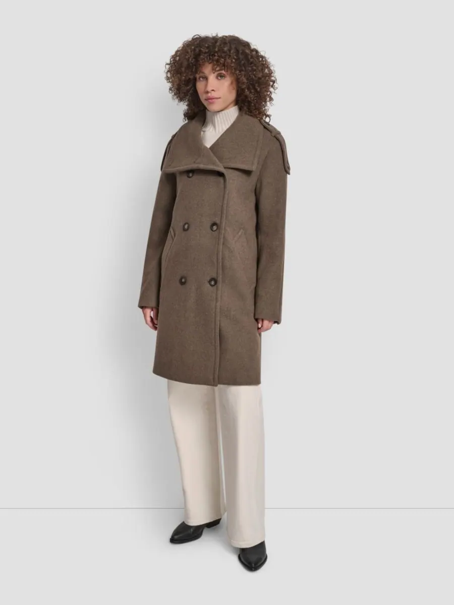 Женское двубортное пальто в стиле милитари с воротником-стойкой DKNY, Taupe Melange — изображение 2 из 7