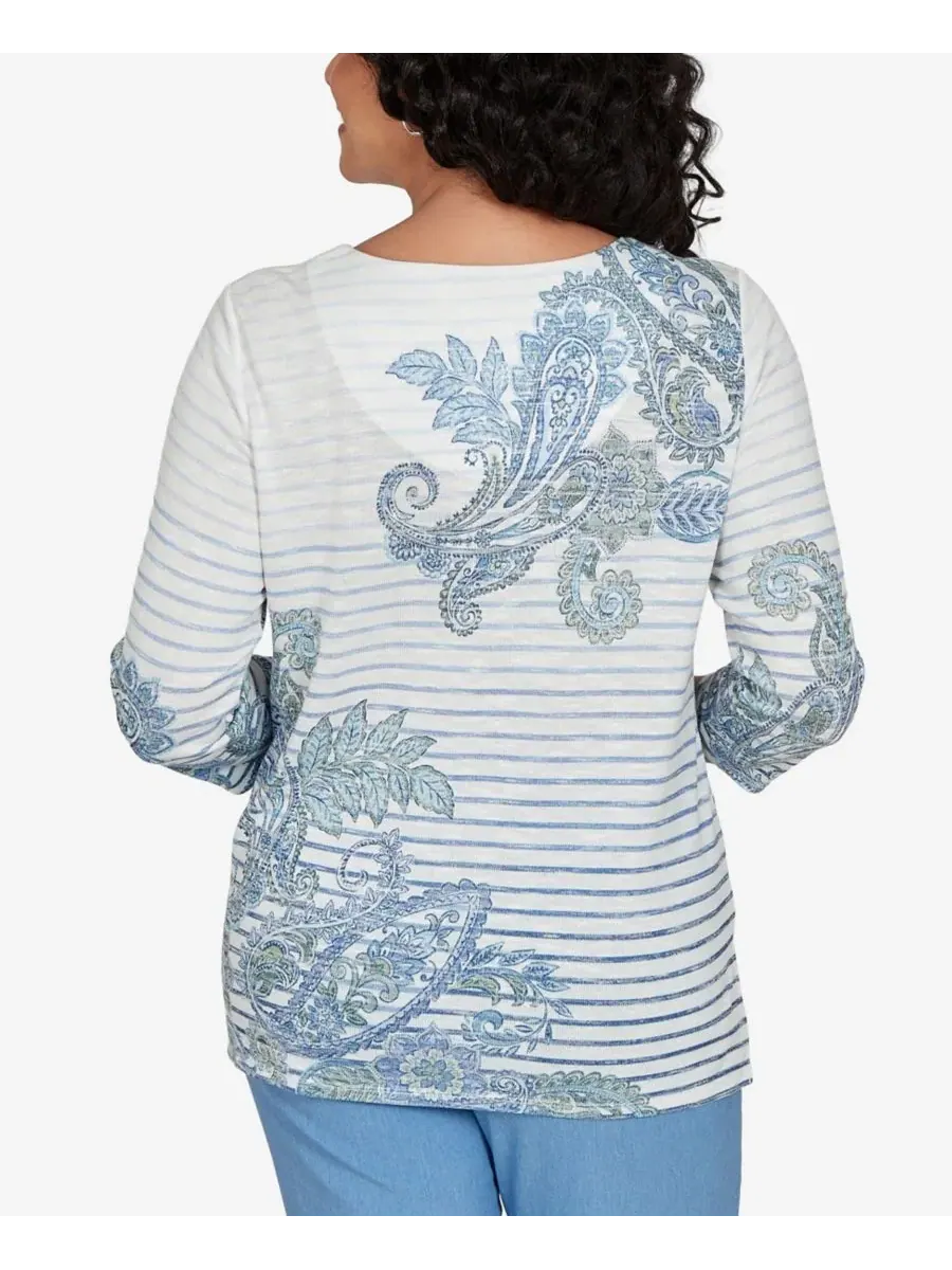 Блуза с вырезом капля и отделкой, 3/4 рукав, модель Provence Paisley Stripe Alfred Dunner — изображение 5 из 6, синий