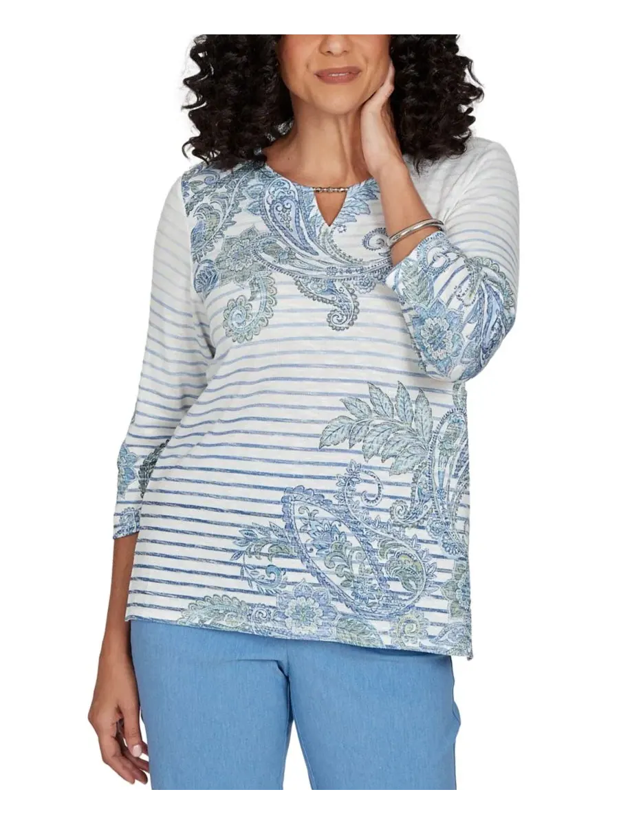Блуза с вырезом капля и отделкой, 3/4 рукав, модель Provence Paisley Stripe Alfred Dunner — изображение 6 из 6, синий
