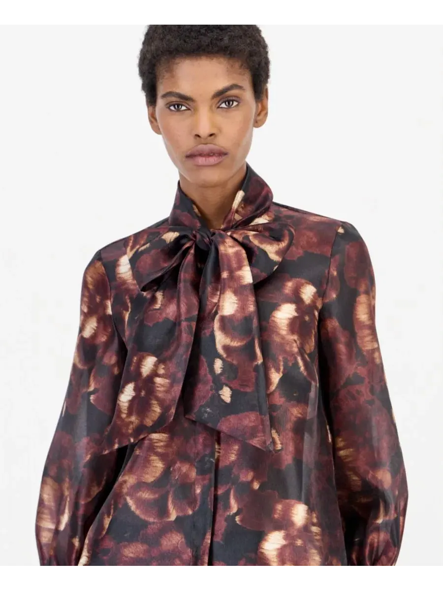 Блузка с бантом, с длинным рукавом Anne Klein — изображение 2 из 4, черный мульти