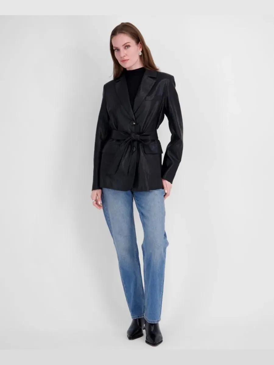 Плащ из искусственной кожи с поясом Tahari — изображение 3 из 6, черный