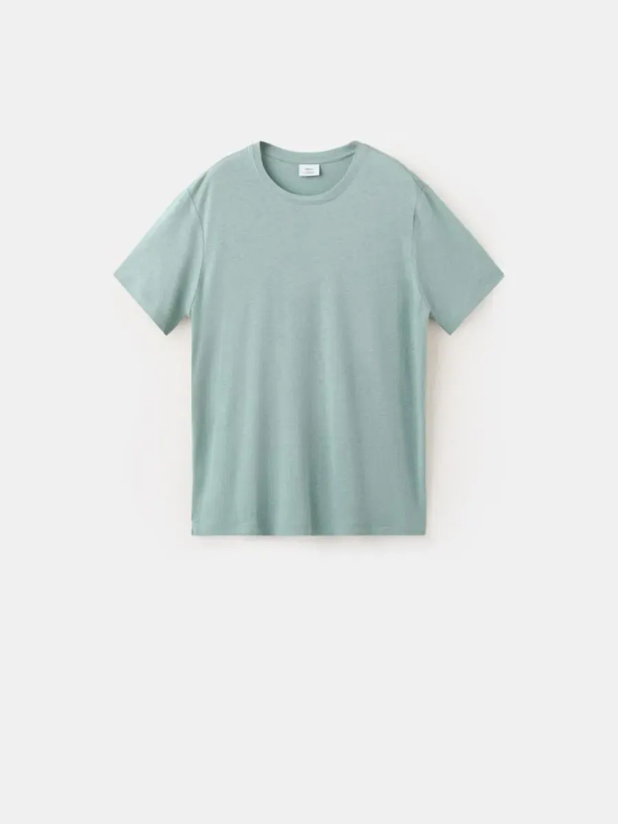 Футболка Slim Fit из льняной смеси, с коротким рукавом, Mango — изображение 2 из 3, зеленый