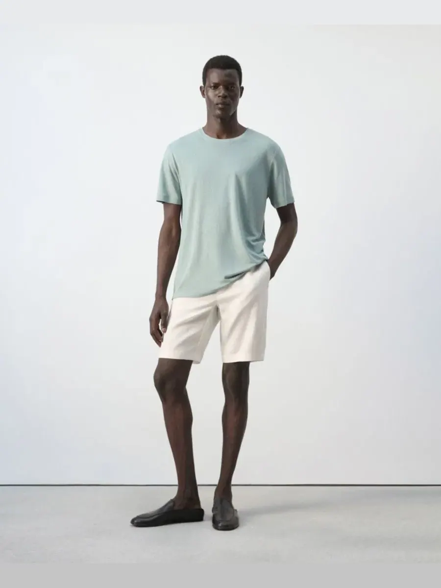 Футболка Slim Fit из льняной смеси, с коротким рукавом, Mango — изображение 3 из 3, зеленый