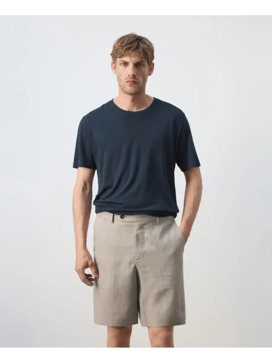 Футболка из льняной смеси с коротким рукавом Slim Fit MANGO — изображение 1 из 3, темно-синий