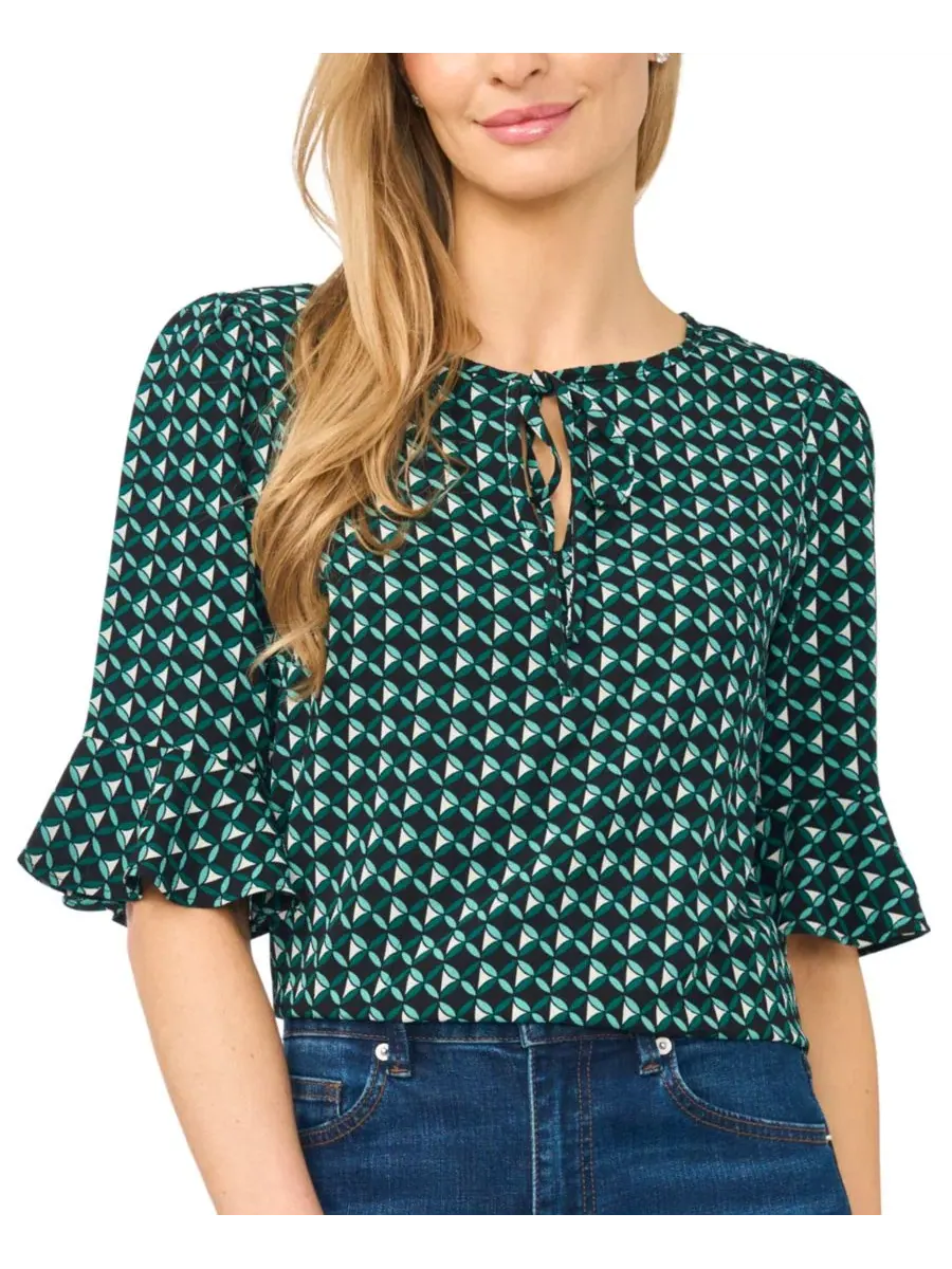 Блузка с длинным рукавом 3/4, с принтом, Split Tie Neck CeCe, Deep Spruce
