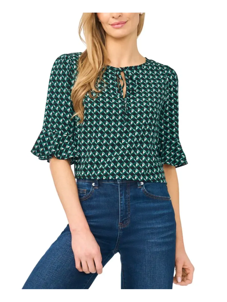 Блузка с длинным рукавом 3/4, с принтом, Split Tie Neck CeCe, Deep Spruce — изображение 2 из 4