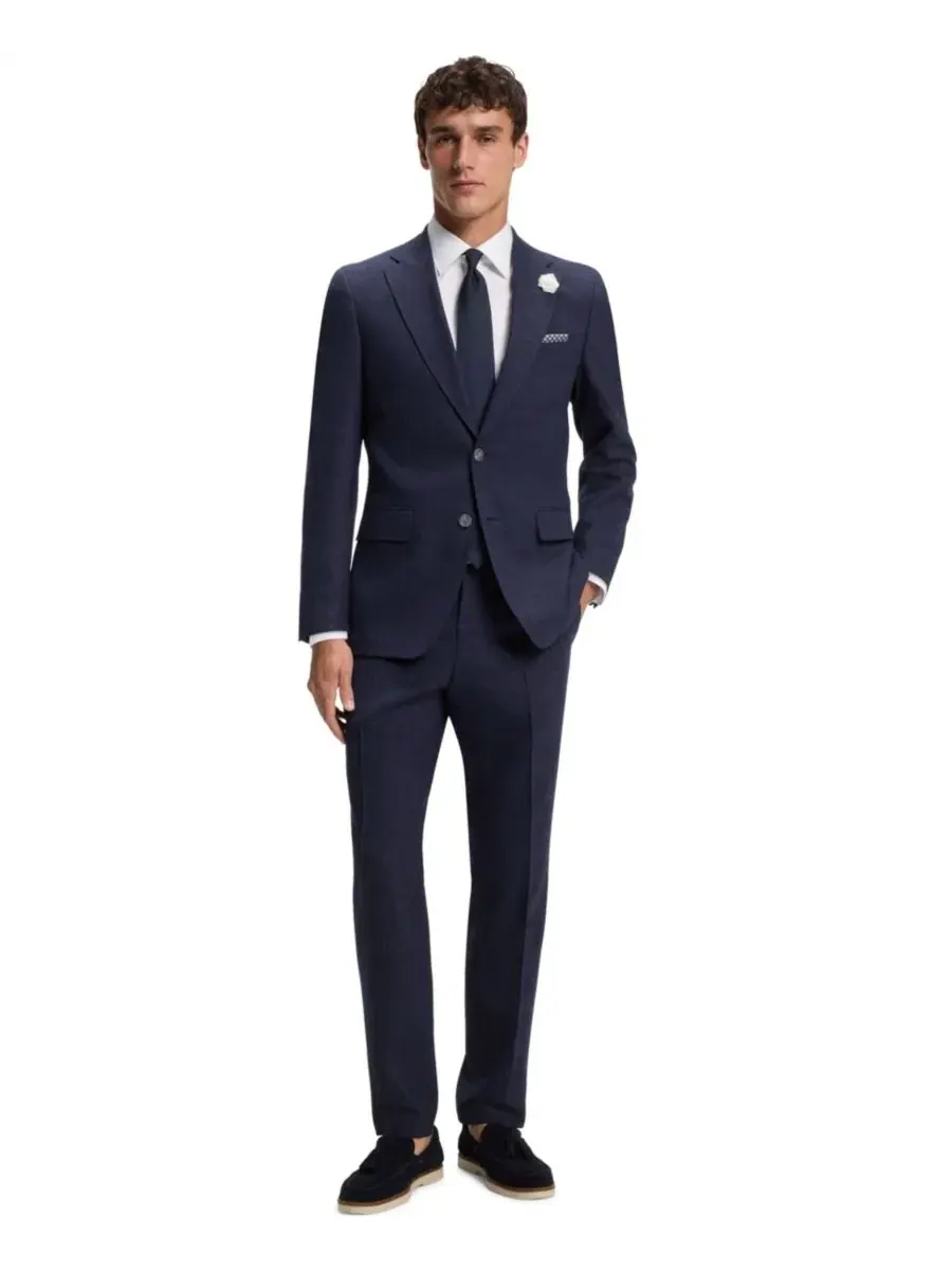Брюки slim fit из меланжевой ткани с заутюженными стрелками Hugo Boss — изображение 4 из 5, синий