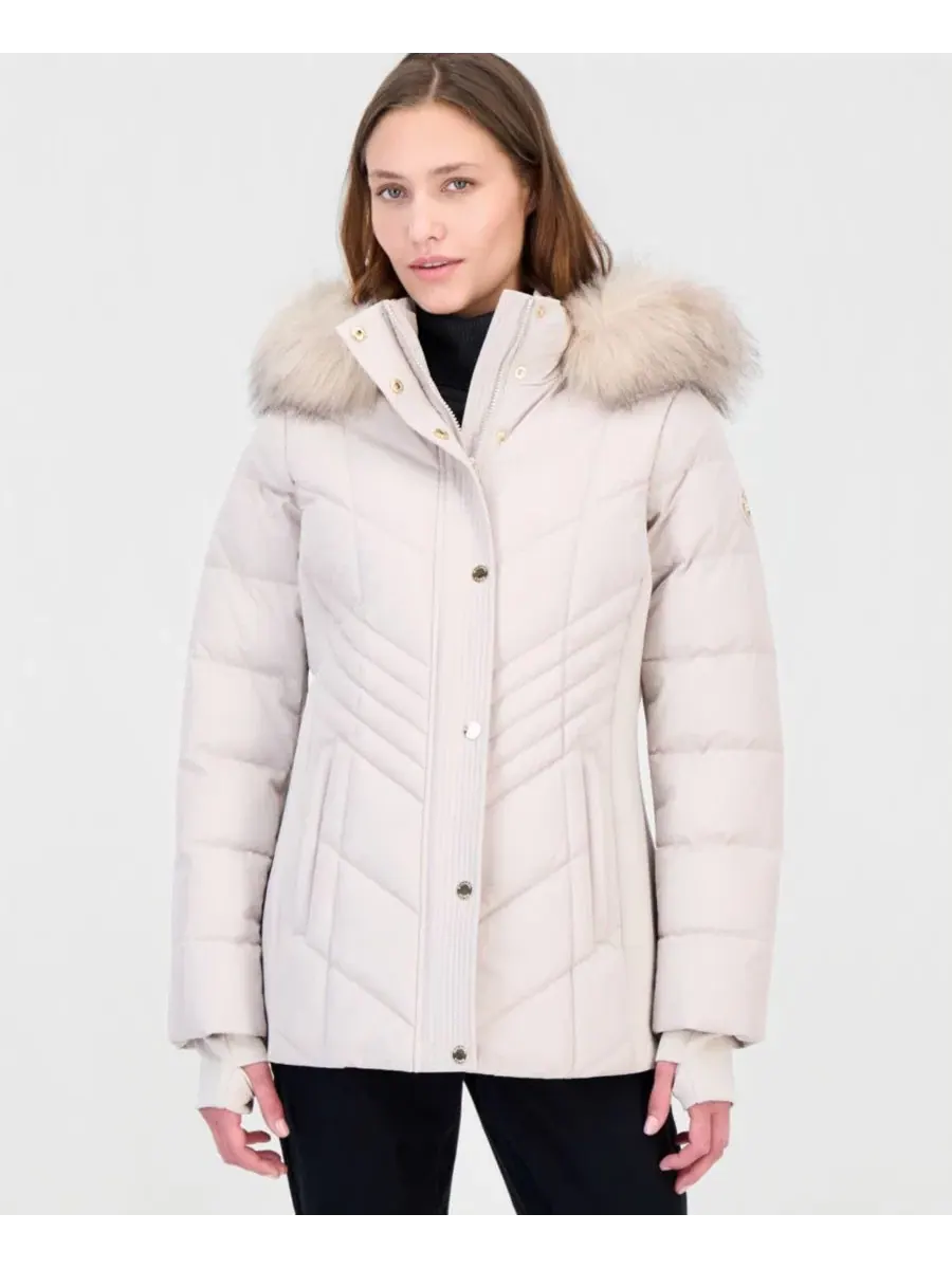 Женское пальто-пуховик с капюшоном из искусственного меха, модель Faux-Fur-Trim Hooded Puffer Coat — изображение 2 из 5