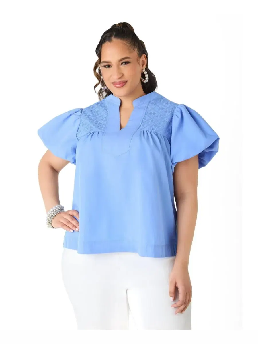 Блуза с вышивкой и рукавом-фонарик Plus Size Puff Sleeve Embroidered Ashley Stewart — изображение 1 из 3, синий