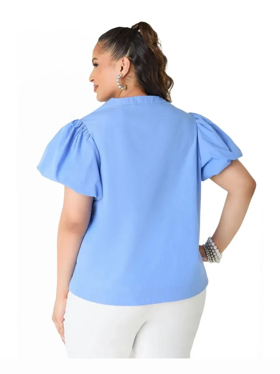 Блуза с вышивкой и рукавом-фонарик Plus Size Puff Sleeve Embroidered Ashley Stewart — изображение 2 из 3, синий