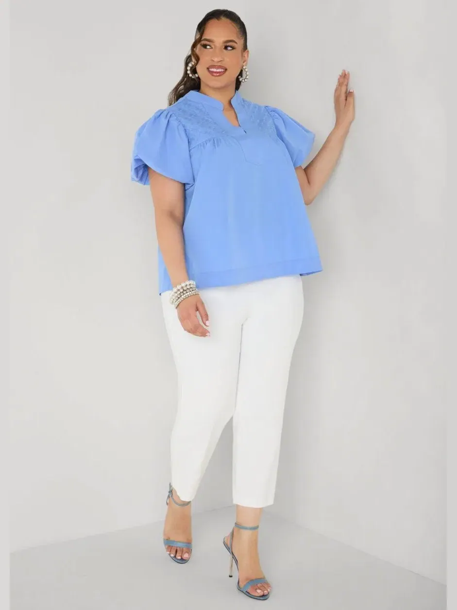 Блуза с вышивкой и рукавом-фонарик Plus Size Puff Sleeve Embroidered Ashley Stewart — изображение 3 из 3, синий