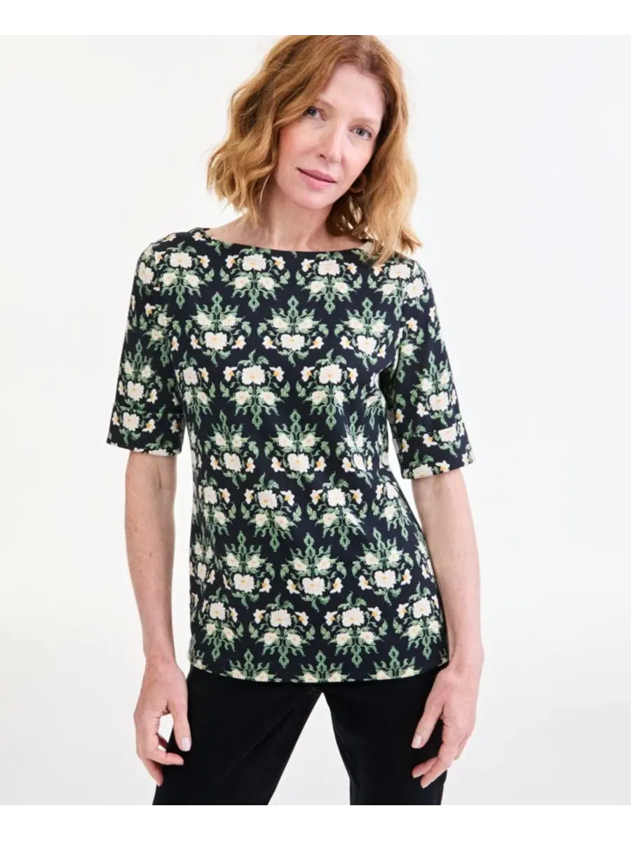 Блуза с принтом, модель Printed Boat-Neck Elbow Sleeve Top Style & Co — изображение 1 из 3, глубокий черный