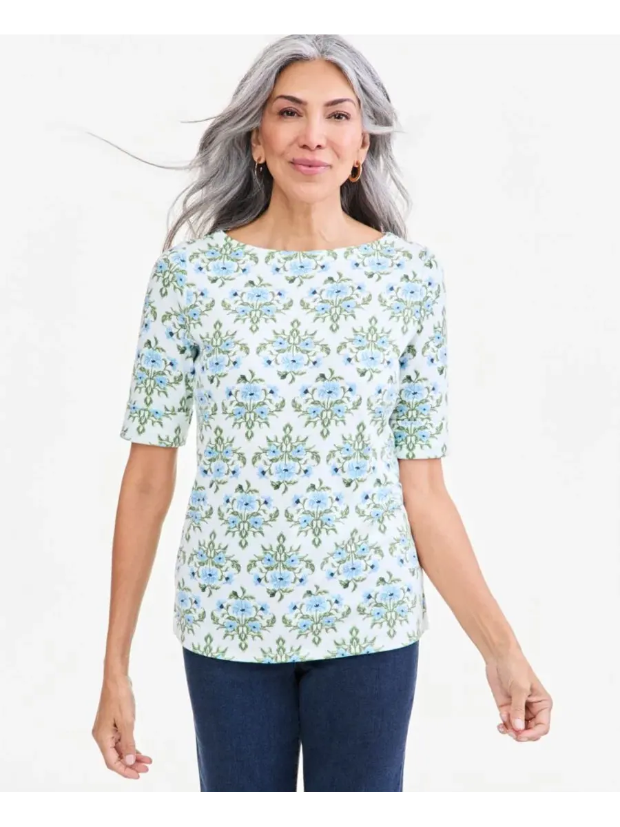 Блуза с принтом, модель Printed Boat-Neck Elbow Sleeve Top Style & Co