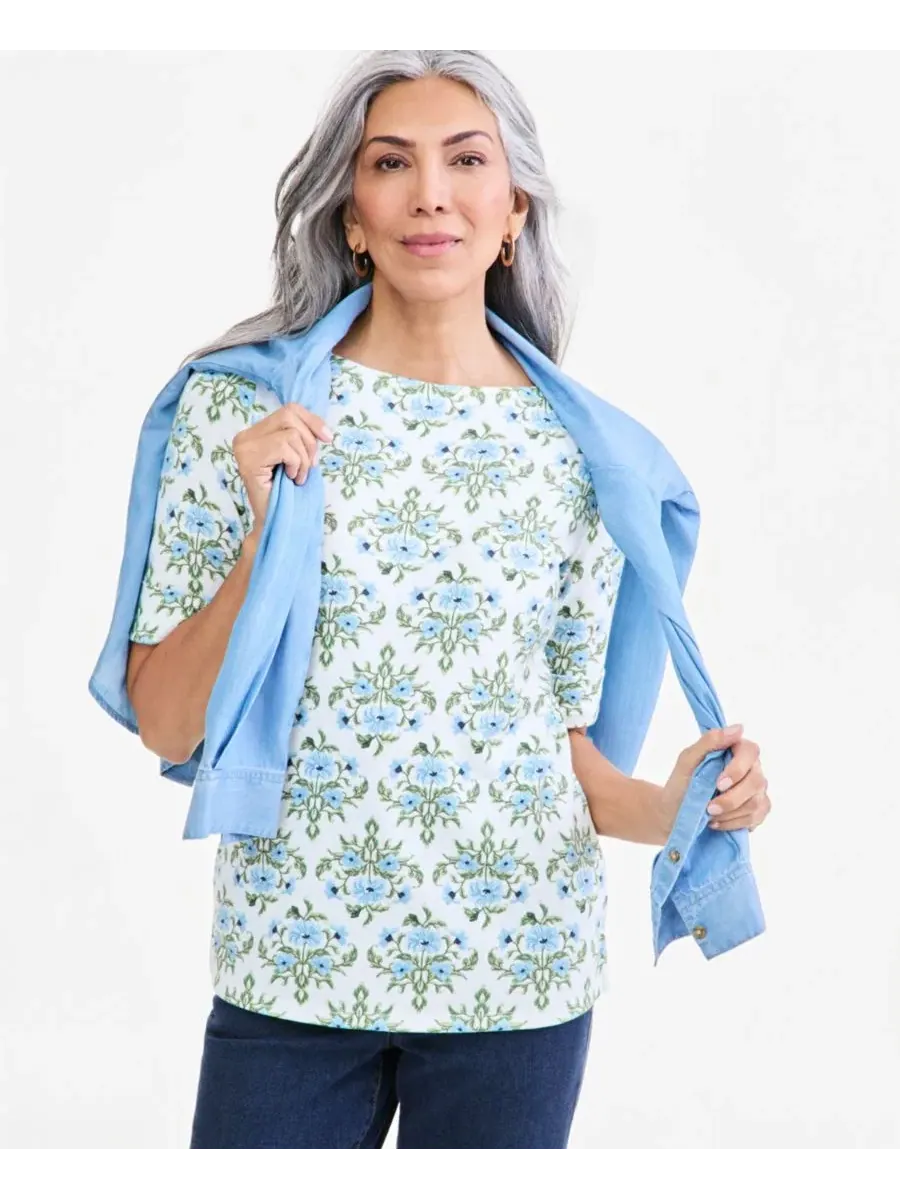 Блуза с принтом, модель Printed Boat-Neck Elbow Sleeve Top Style & Co — изображение 2 из 4, яркий белый