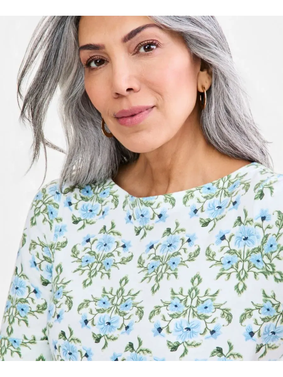Блуза с принтом, модель Printed Boat-Neck Elbow Sleeve Top Style & Co — изображение 3 из 4, яркий белый