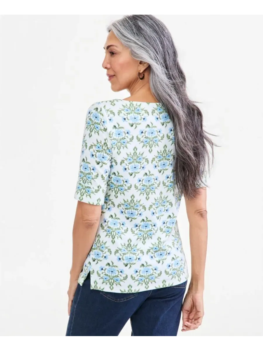 Блуза с принтом, модель Printed Boat-Neck Elbow Sleeve Top Style & Co — изображение 4 из 4, яркий белый