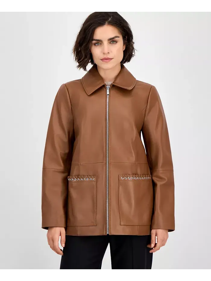 Женская кожаная куртка на молнии спереди Anne Klein