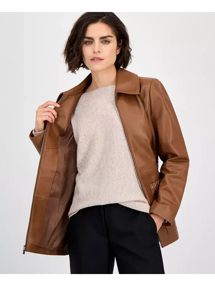 Женская кожаная куртка на молнии спереди Anne Klein — изображение 3 из 5, коричневый