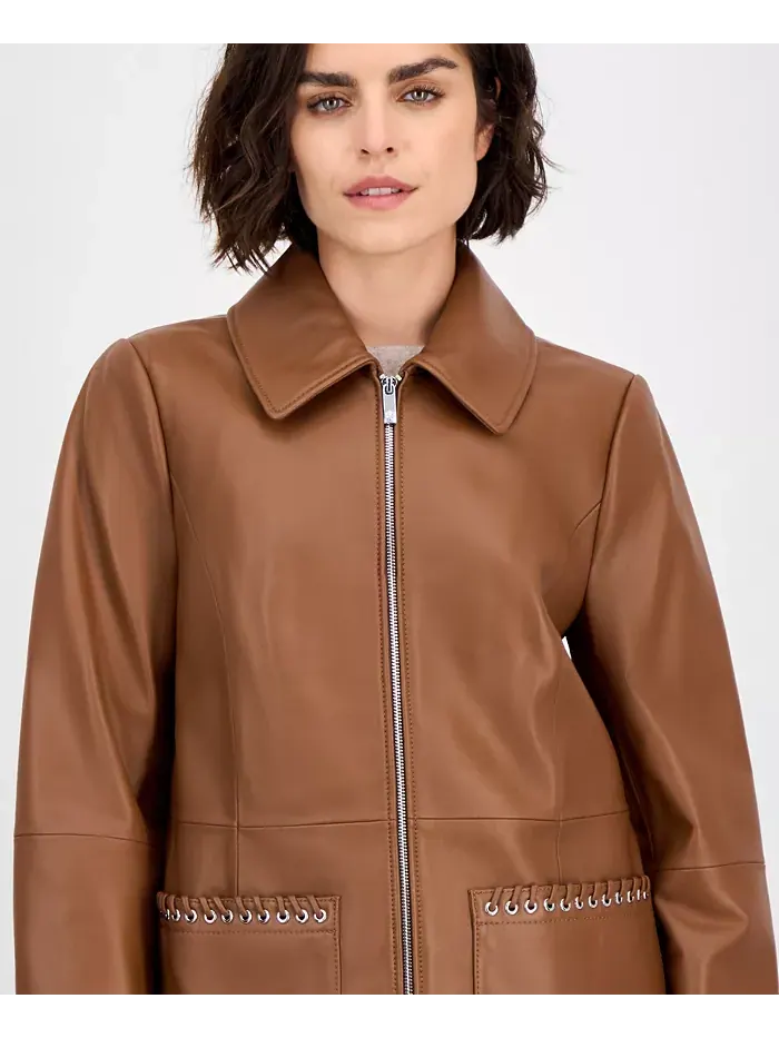 Женская кожаная куртка на молнии спереди Anne Klein — изображение 4 из 5, коричневый