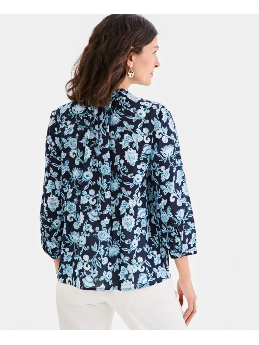Женская хлопковая блузка с рукавами 3/4 на пуговицах Style & Co — изображение 2 из 3, синий