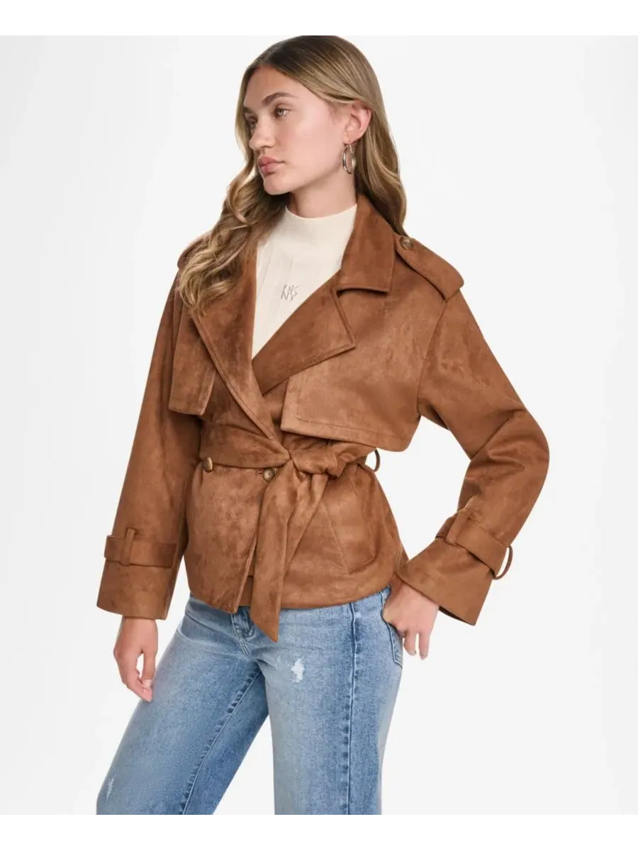 Куртка-тренч короткая из искусственной замши с поясом, модель Faux Suede Short Trench DKNY Jeans — изображение 3 из 7