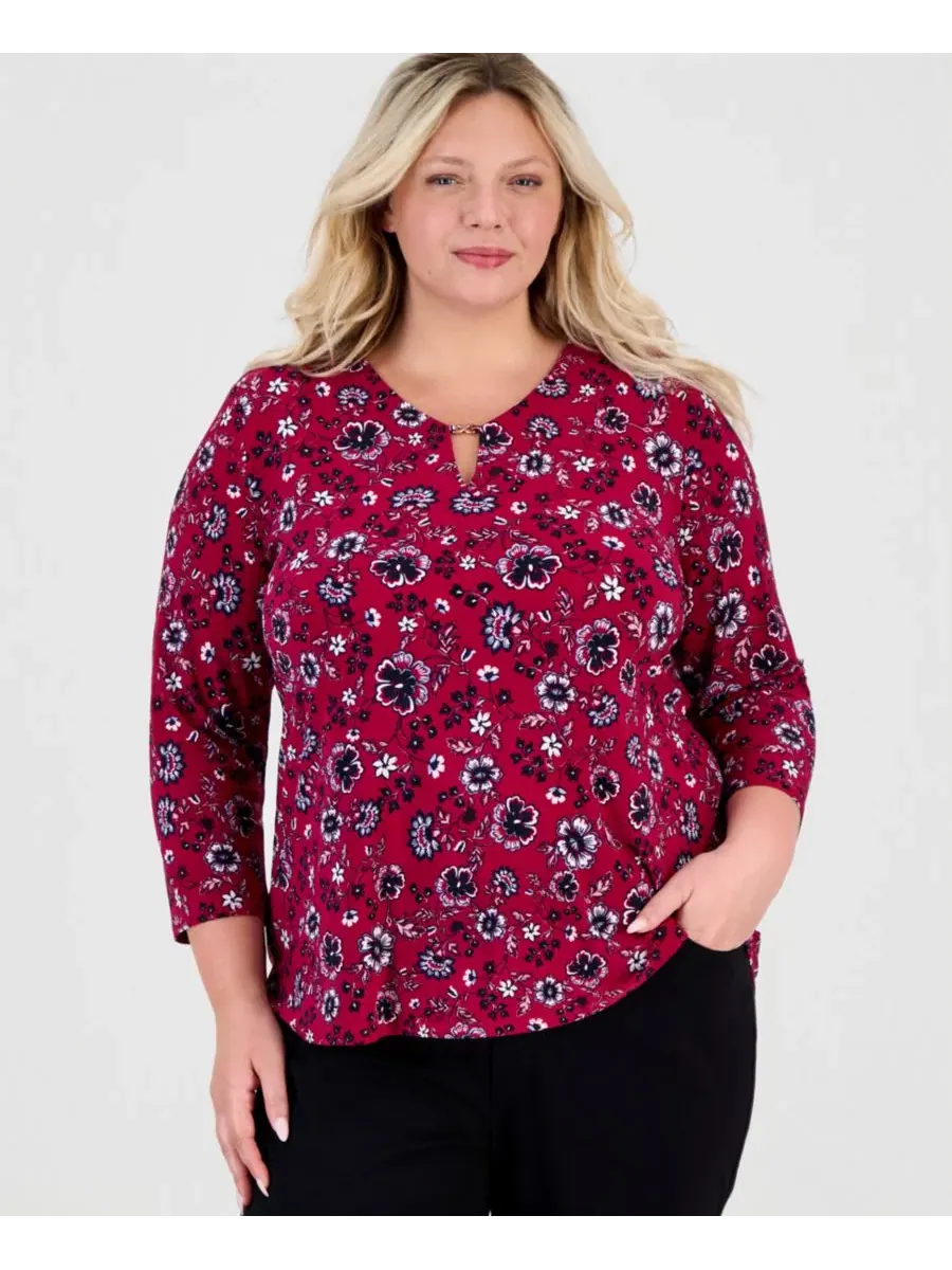 Блуза с V-образным вырезом и принтом Kissing Trim Plus Size Berry Red Multi Jones New York