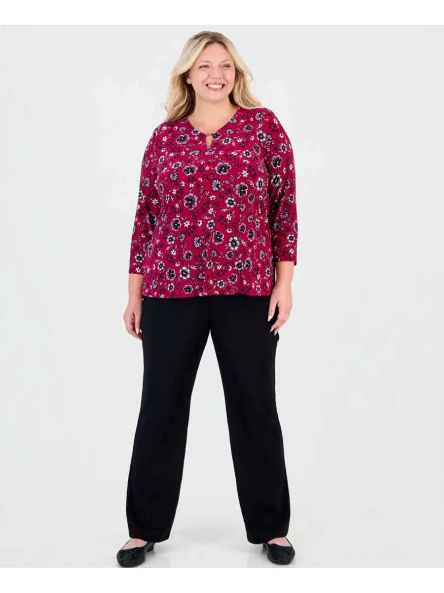 Блуза с V-образным вырезом и принтом Kissing Trim Plus Size Berry Red Multi Jones New York — изображение 2 из 4