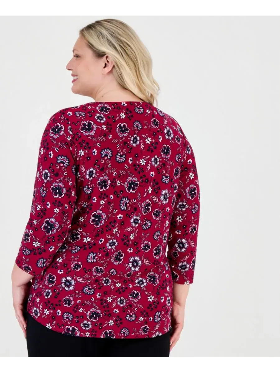 Блуза с V-образным вырезом и принтом Kissing Trim Plus Size Berry Red Multi Jones New York — изображение 3 из 4