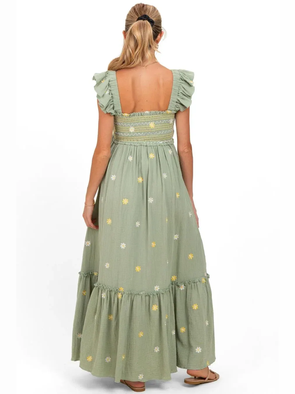 Платье макси с вышивкой и смок-боди Peach Floral Pinkblush — изображение 3 из 3, светлый оливковый