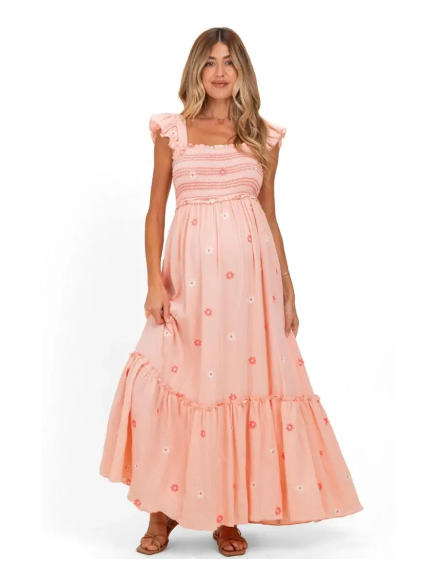 Платье макси с вышивкой и смокингом Peach Floral Embroidered Smocked Maxi Dress Pinkblush