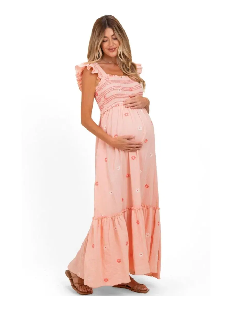Платье макси с вышивкой и смокингом Peach Floral Embroidered Smocked Maxi Dress Pinkblush — изображение 2 из 3, персиковый