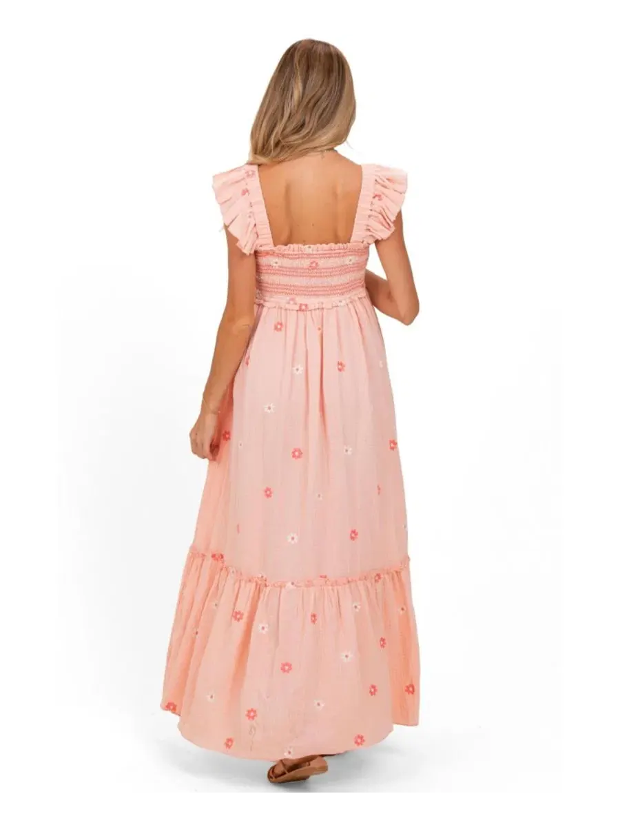 Платье макси с вышивкой и смокингом Peach Floral Embroidered Smocked Maxi Dress Pinkblush — изображение 3 из 3, персиковый