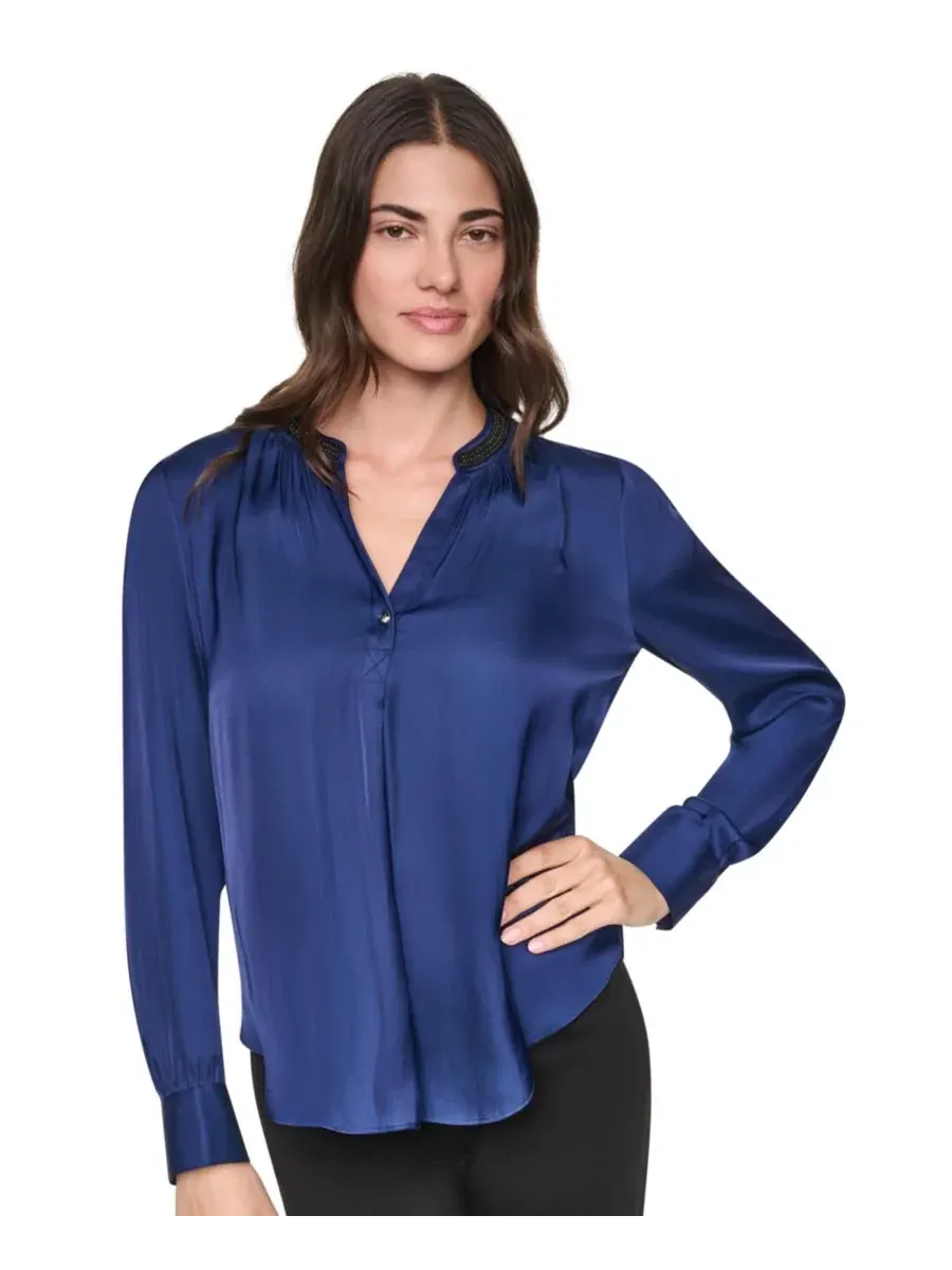 Блузка из атласа с V-образным вырезом и длинным рукавом DKNY