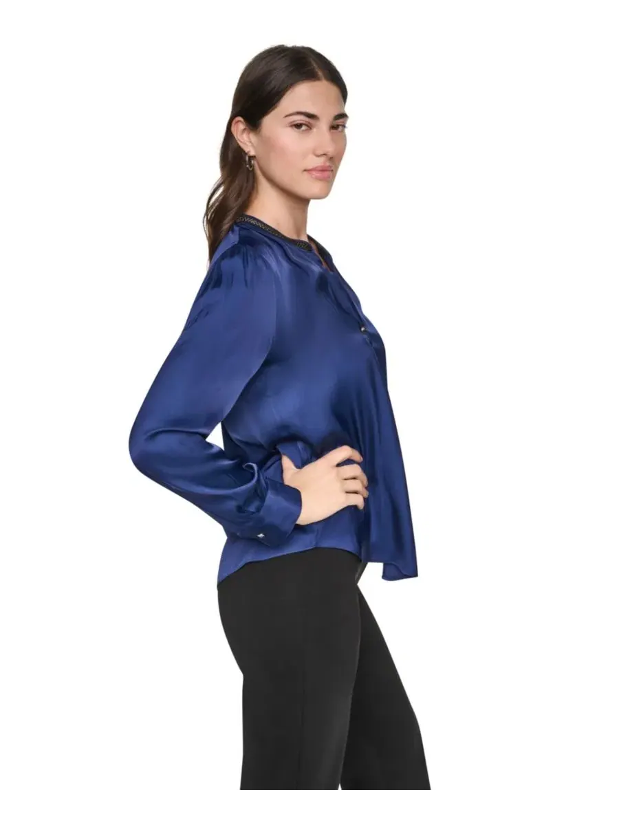 Блузка из атласа с V-образным вырезом и длинным рукавом DKNY — изображение 3 из 7, синий