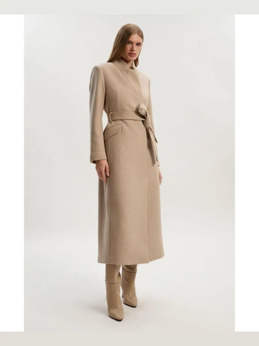 Женское шерстяное длинное пальто с вырезом на шее Karen Millen