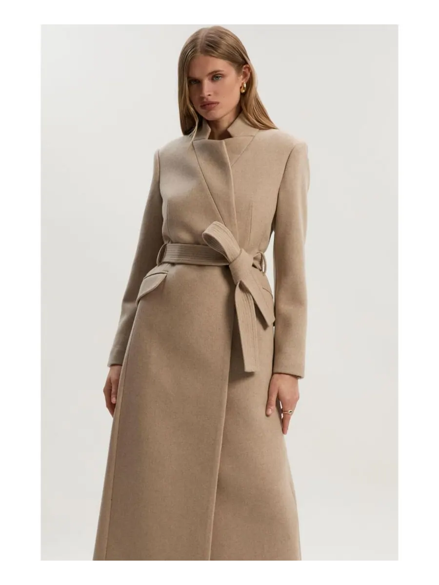 Женское шерстяное длинное пальто с вырезом на шее Karen Millen — изображение 3 из 5, овсяный