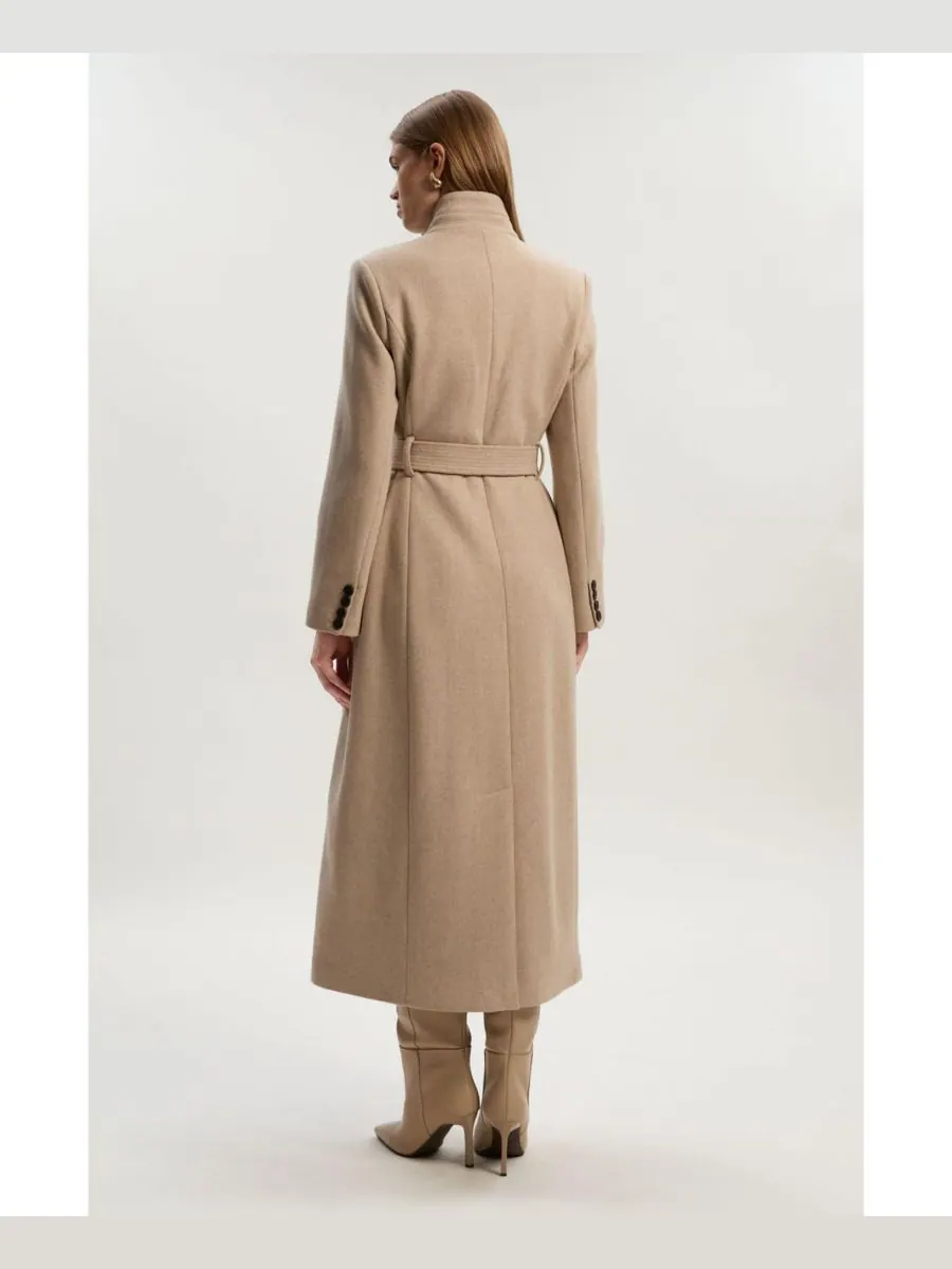 Женское шерстяное длинное пальто с вырезом на шее Karen Millen — изображение 4 из 5, овсяный
