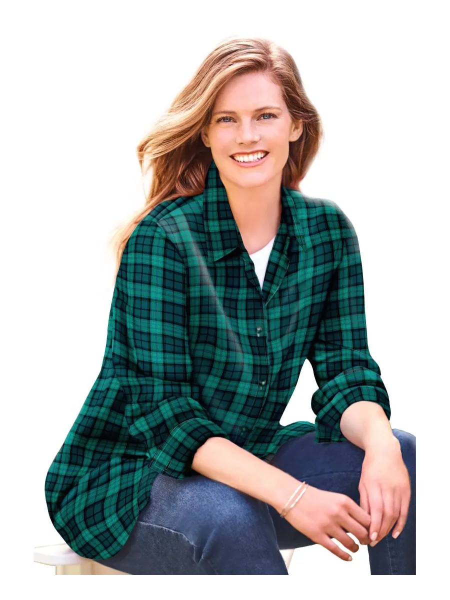 Классическая фланелевая рубашка больших размеров Woman Within, Rich jade plaid