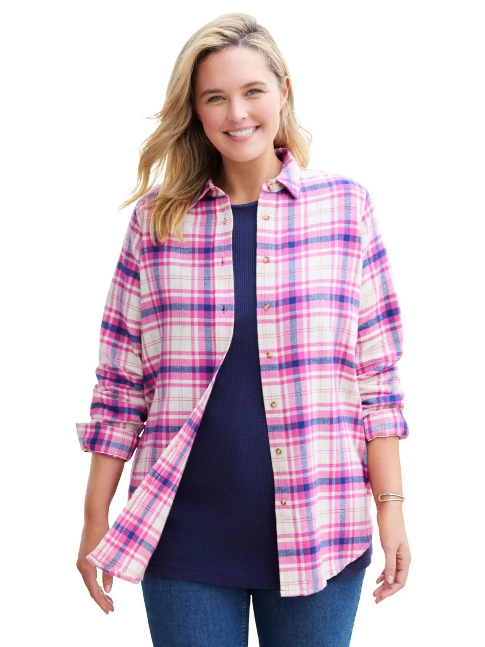 Классическая фланелевая рубашка больших размеров Woman Within, Peony petal plaid — изображение 1 из 3