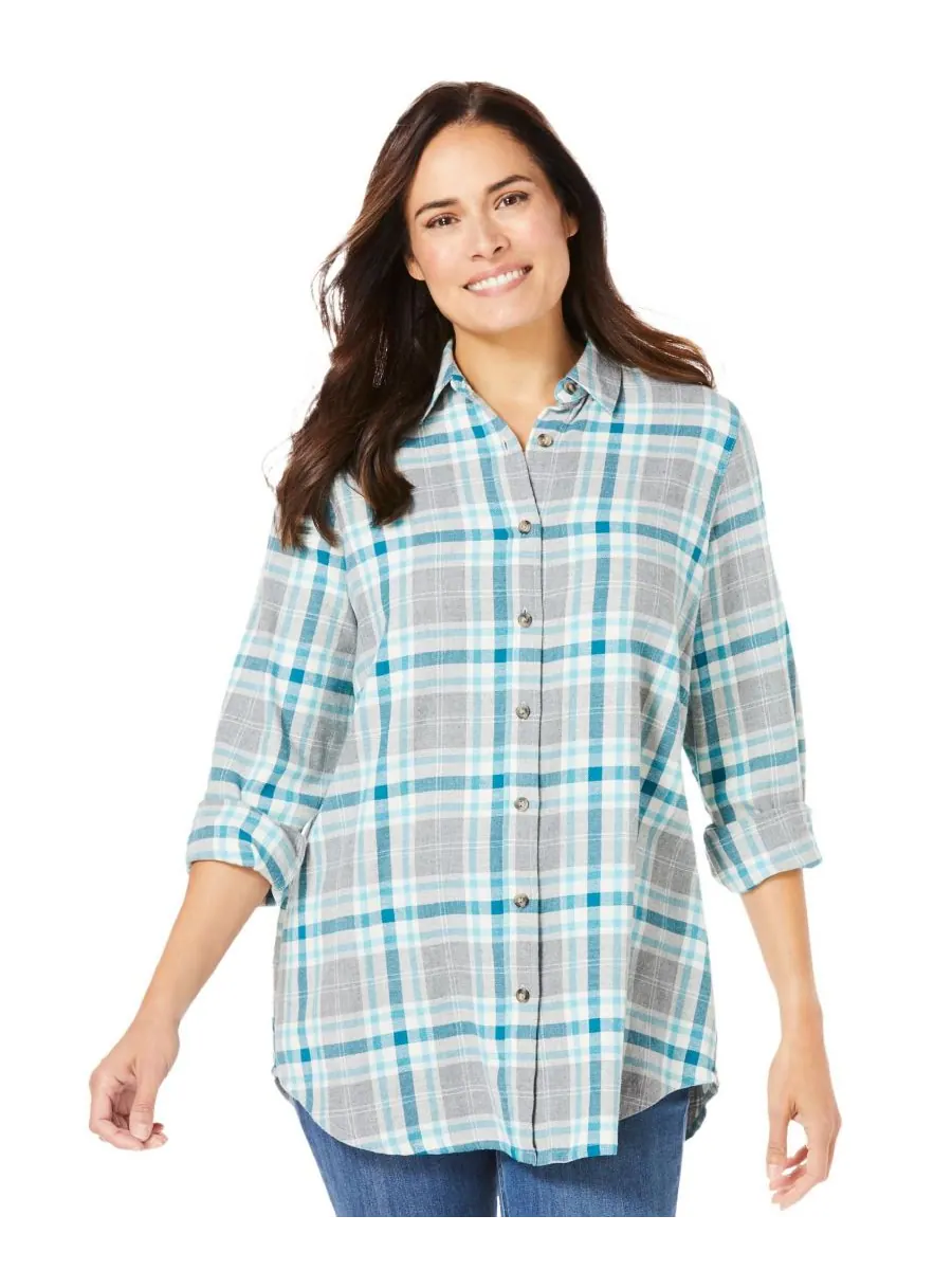 Классическая фланелевая рубашка больших размеров Woman Within, Deep teal plaid