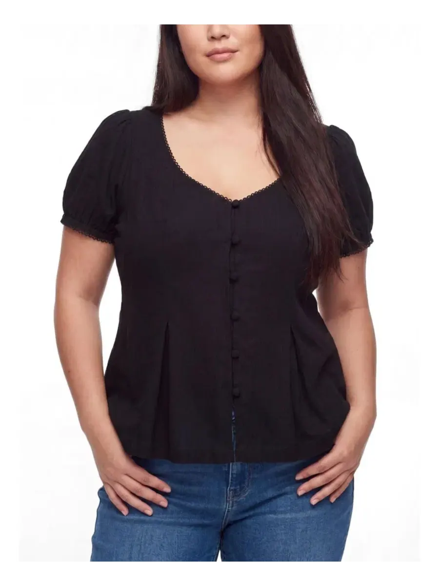 Блуза с V-образным вырезом и рукавами-фонариками Belle Isle Button Front Top Torrid — черный