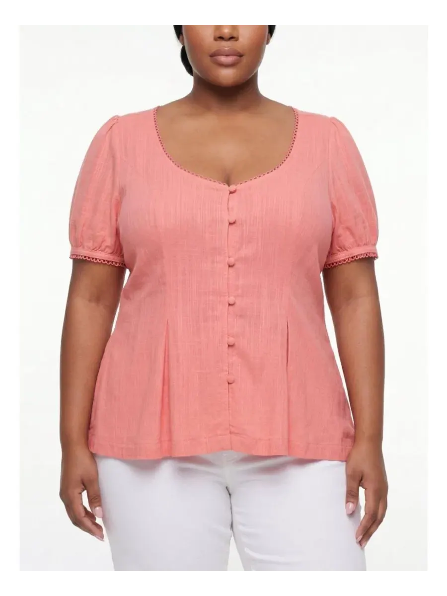 Блуза с V-образным вырезом и рукавами-фонариками Belle Isle Plus Size Button Front Torrid, Lantana