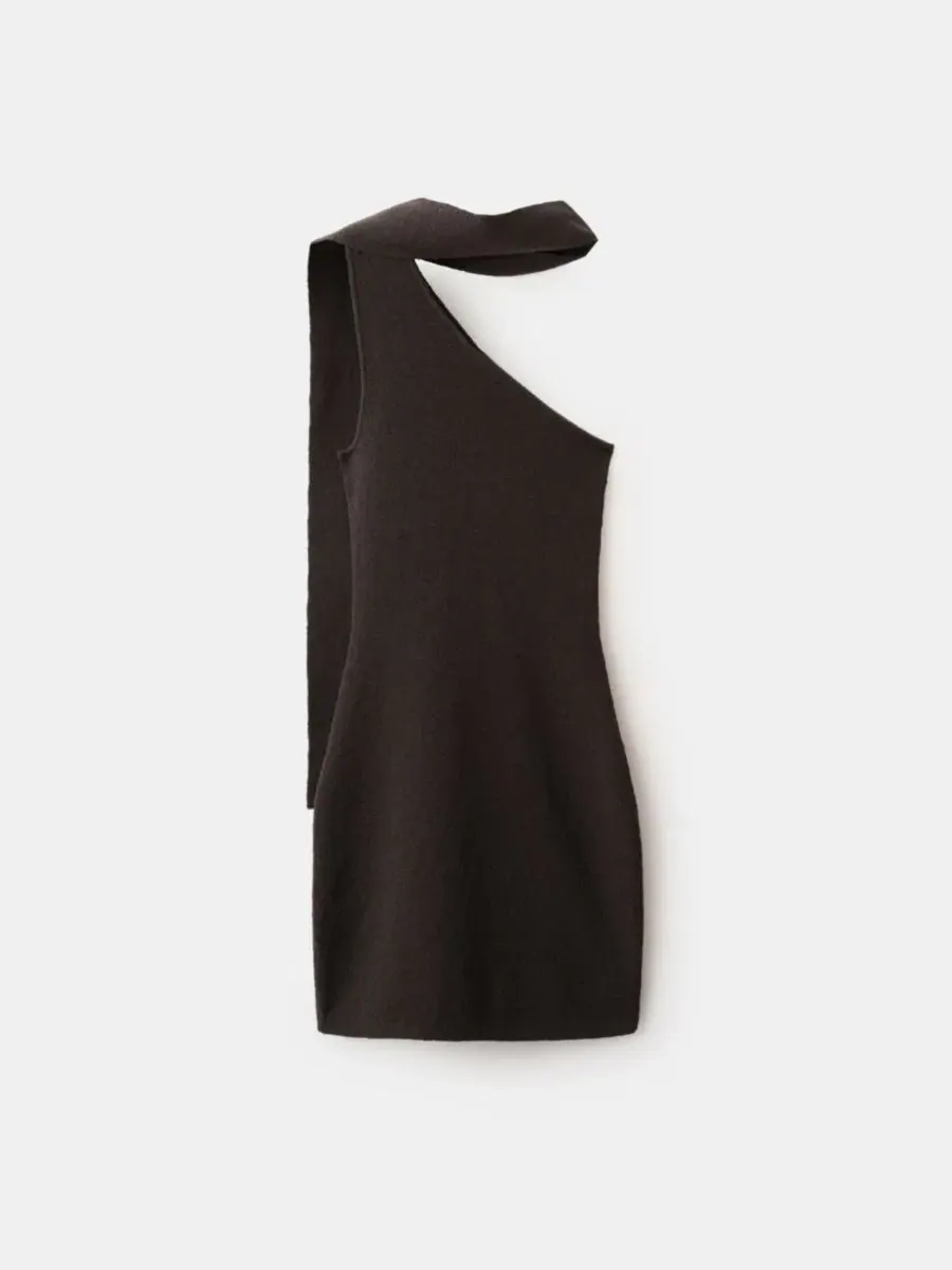 Асимметричное платье с шарфом без рукавов, модель Scarf Asymmetrical Knit Dress MANGO — изображение 2 из 8, коричневый