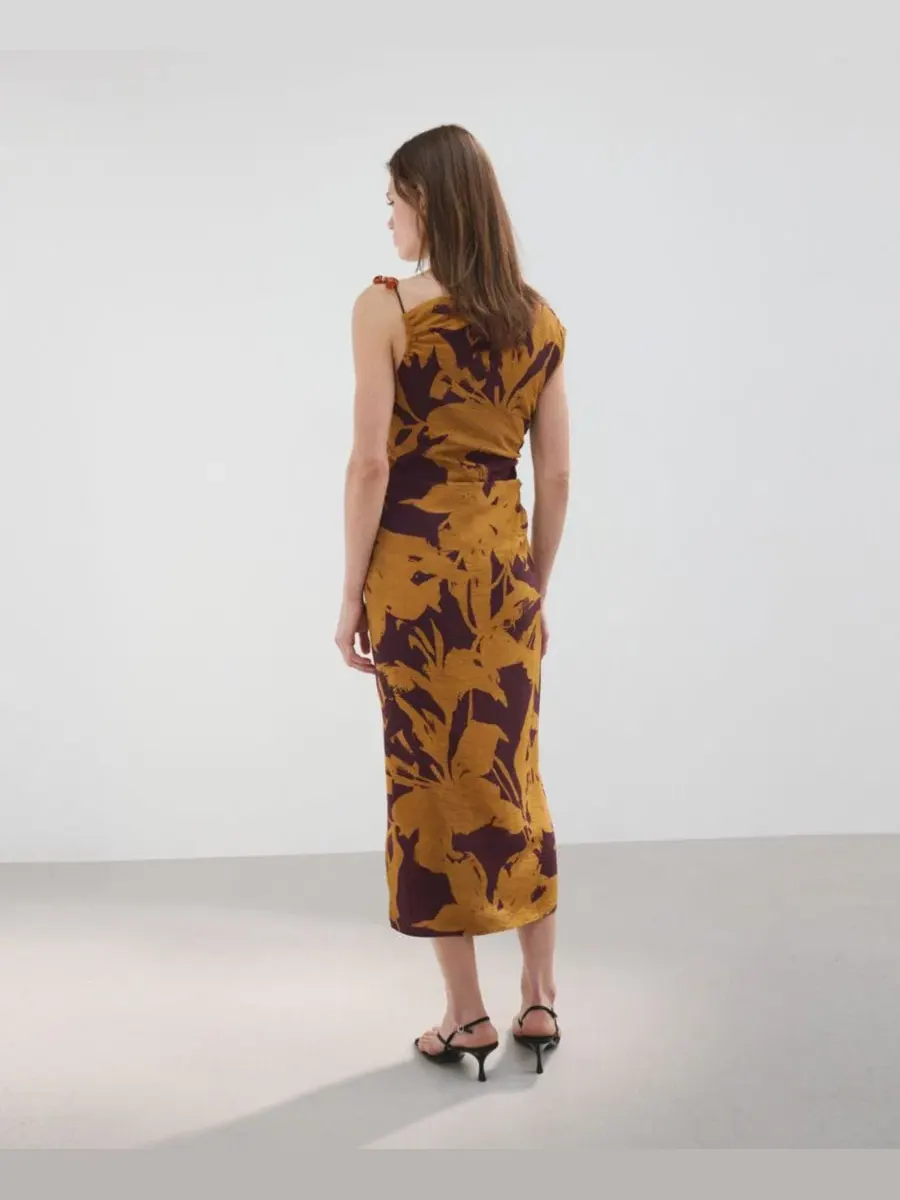 Женское асимметричное платье с принтом MANGO — изображение 3 из 6, охристый