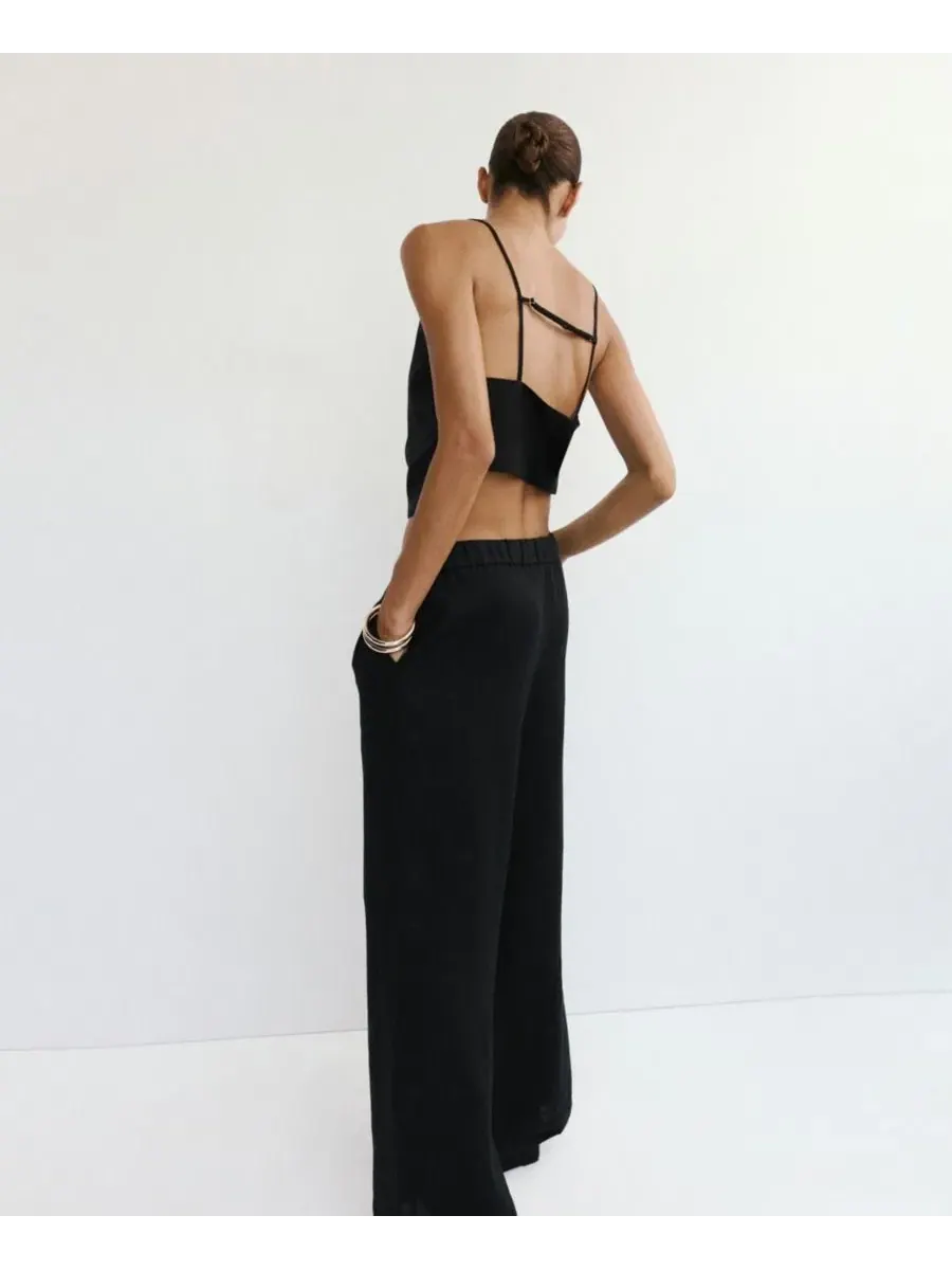 Женские брюки-кюлоты свободного кроя, модель Wide-Leg Linen MANGO — изображение 5 из 19, черный